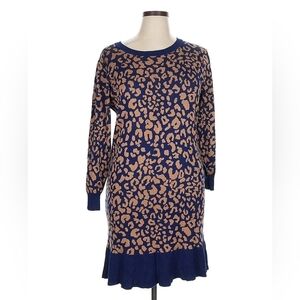 Blue Orchid Leopard Print Long Sleeves Sweater Dress, XS, Tan/ Blue
